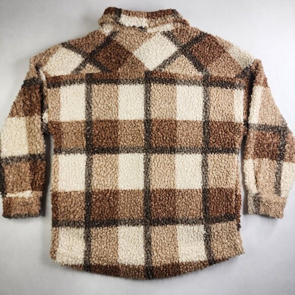 Zenana Sherpa Shacket Size S Brown Tan Beige Block Plaid Side Front Pockets Fall - Picture 5 of 11